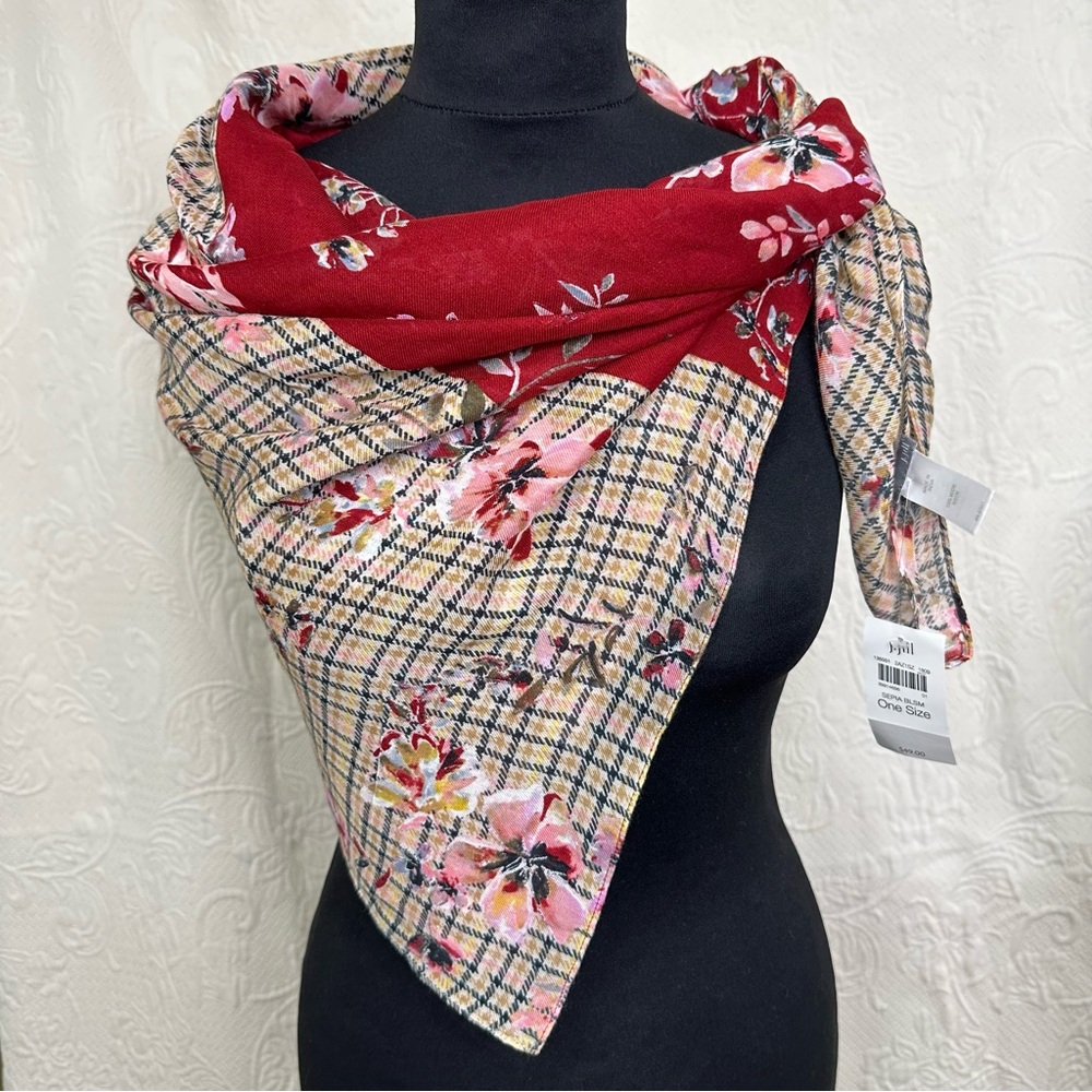 J. Jill Sepia Blossom Multicolor Floral Plaid Scarf